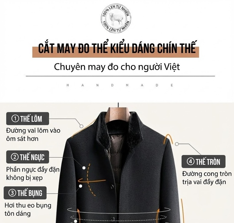 Áo Khoác Dạ Nam Lông Cổ Chồn Tháo Rời Lót Lông Vũ Màu Xám, Xanh Navy, Đen chi tiết 5