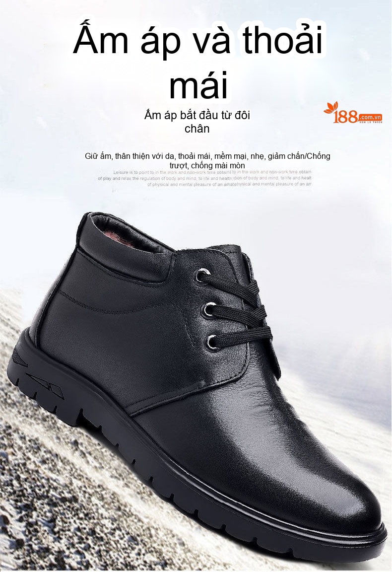 Giày Da Thật Nam Cổ Cao Lót Lông Cừu Mùa Đông Chống Trượt Chiều Cao Đế Khoảng 3cm Màu Đen chi tiết 2