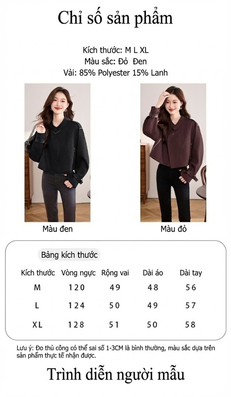 Áo Khoác Lửng Nữ Tay Dài Kiểu Croptop Vải Dệt Phong Cách Thời Trang Màu Đỏ, Đen chi tiết 9