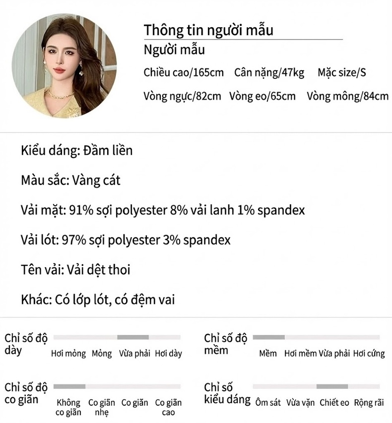 Váy liền thân Nữ Cổ Búp Bê Tay Ngắn Dáng Ôm Thanh Lịch Màu Vàng chi tiết 2