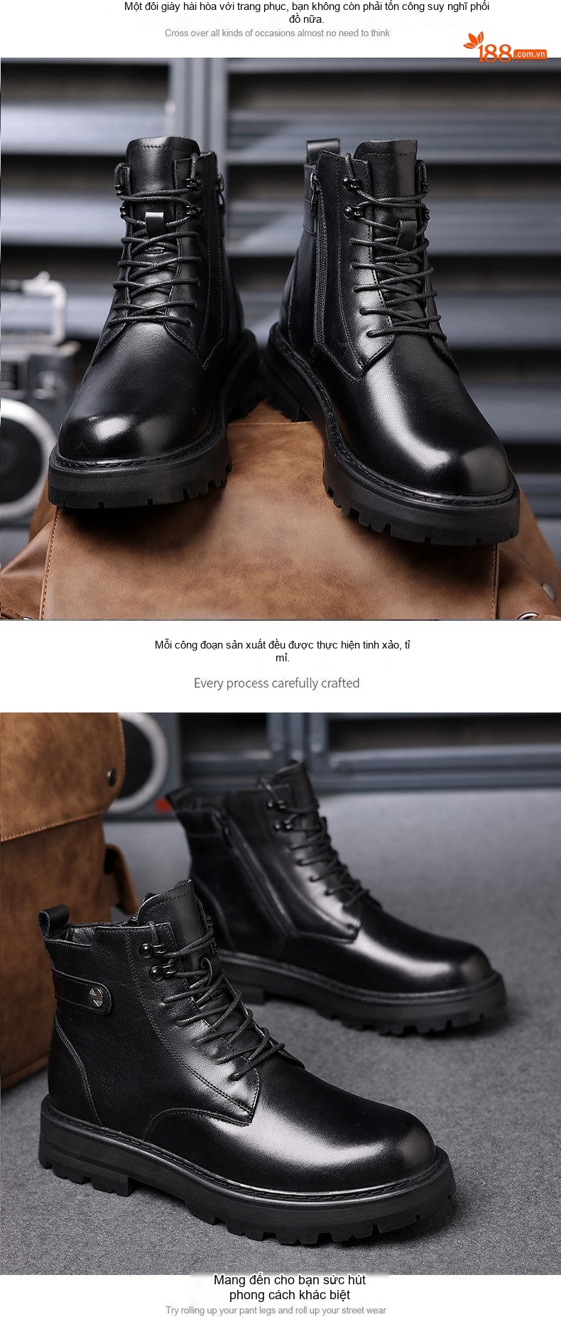 Boot Martin Nam Da Bò Lót Lông Cừu Chiều Cao Đế Khoảng 4cm Màu Đen chi tiết 13