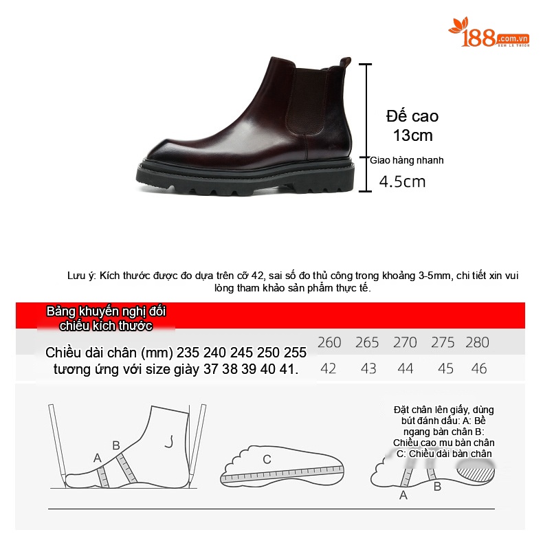 Boot Chelsea Nam Da Bóng Cao Cổ Đế Dày Chiều Cao Đế Khoảng 4cm Màu Đen, Nâu chi tiết 8