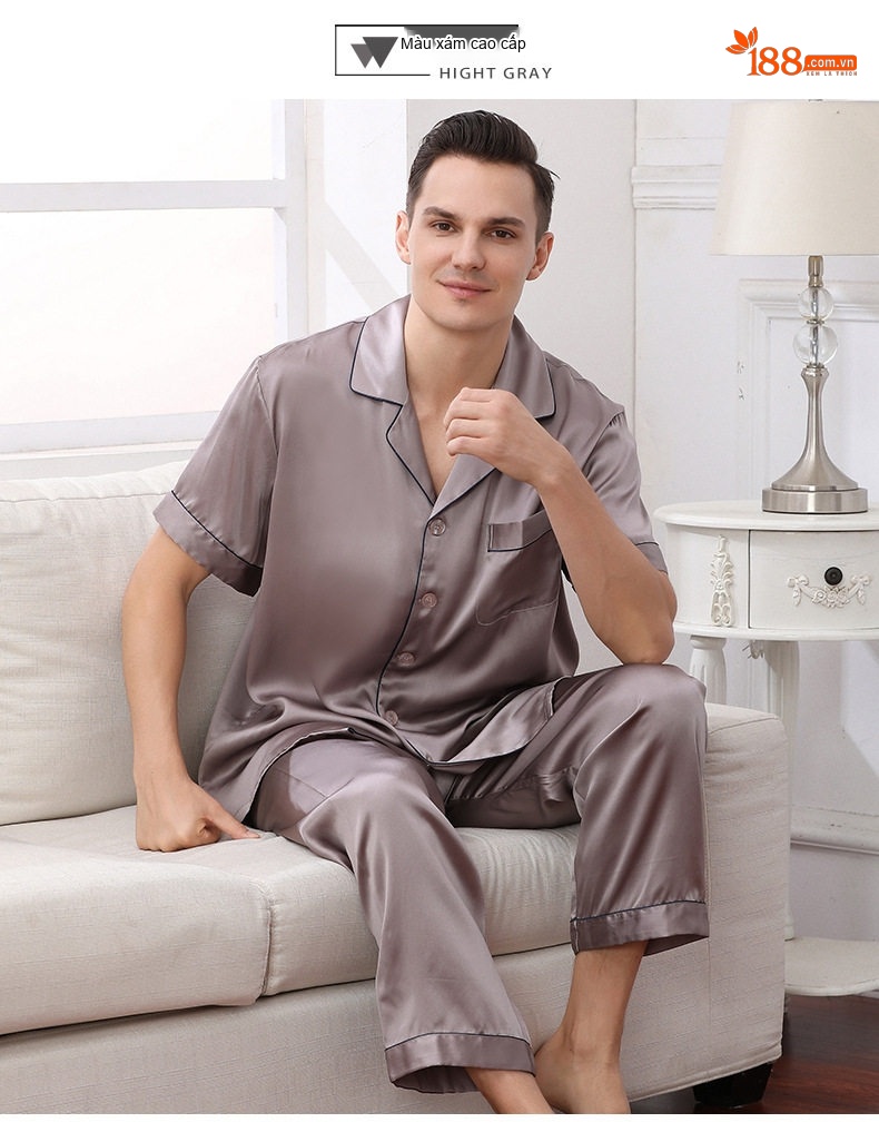 Bộ Pijama Lụa Tơ Tằm 100% Tay Ngắn Nam Màu Xanh Navy, Đỏ, Xám chi tiết 17
