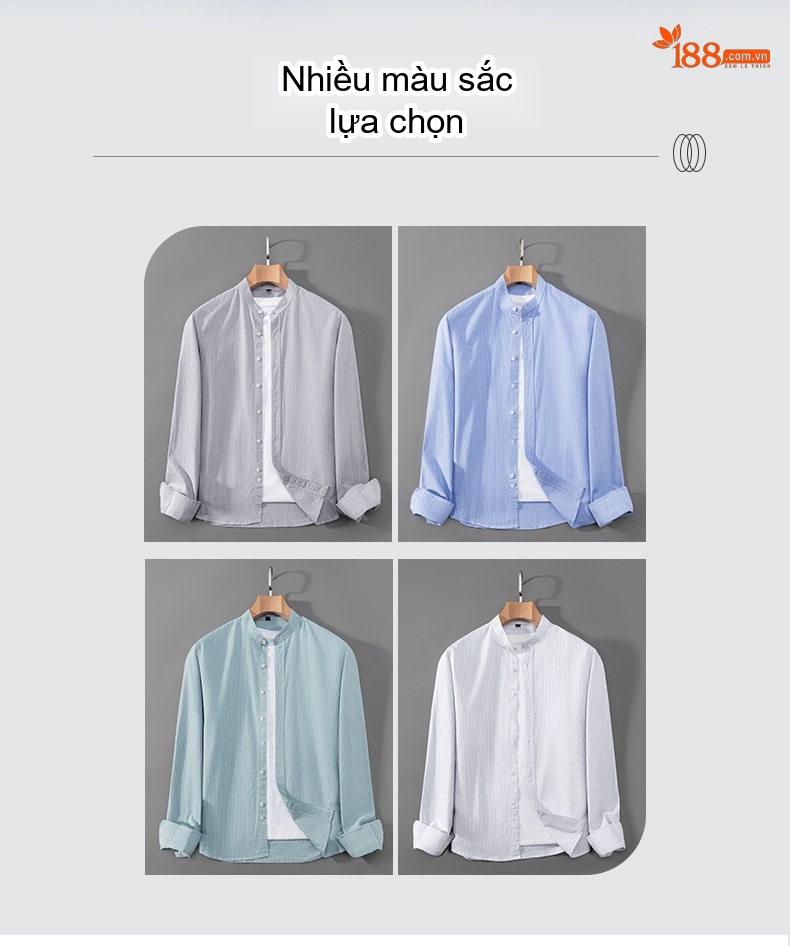 Áo Sơ Mi Nam Tay Dài Cotton Kẻ Sọc Cổ Trụ Form Slimfit Màu Xanh Dương, Trắng, Xám, Xanh... chi tiết 12