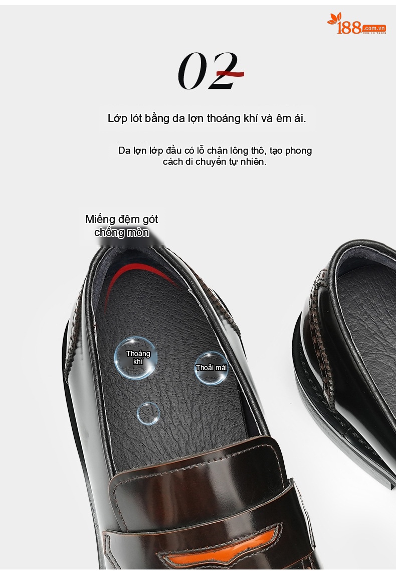 Giày Lười Nam Da Bò Mũi Vuông Da Bóng Chiều Cao Đế Khoảng 3cm Màu Đen, Nâu chi tiết 7