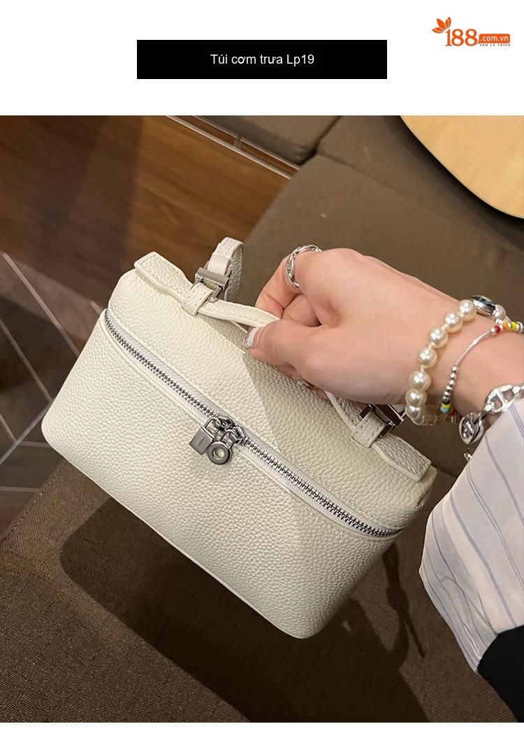 Túi Hộp Đựng Cơm Da Bò LP19, Túi Xách Tay, Túi Đeo Chéo Mini Đựng Điện Thoại Màu Trắng, Đen, Nâu chi tiết 2