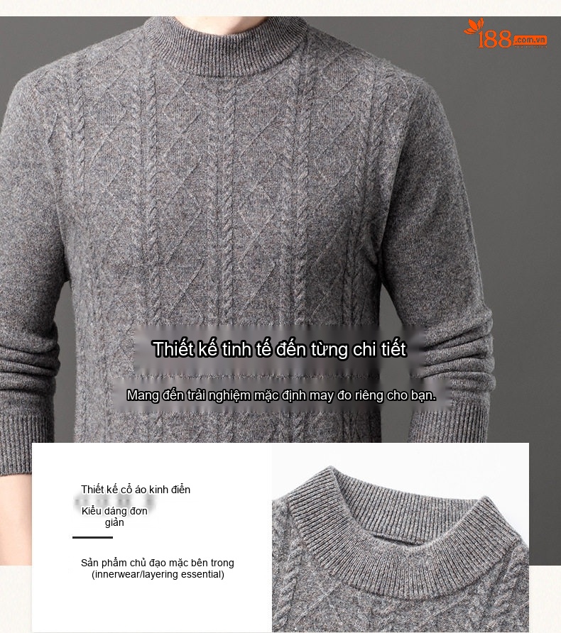 Áo Len Nam 100% Lông Cừu Cashmere Dệt Kim Cổ Bán Tròn Họa Tiết Màu Nâu, Xám, Xanh Đen... chi tiết 5