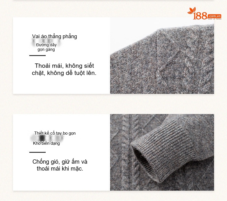 Áo Len Nam 100% Lông Cừu Cashmere Dệt Kim Cổ Bán Tròn Họa Tiết Màu Nâu, Xám, Xanh Đen... chi tiết 6