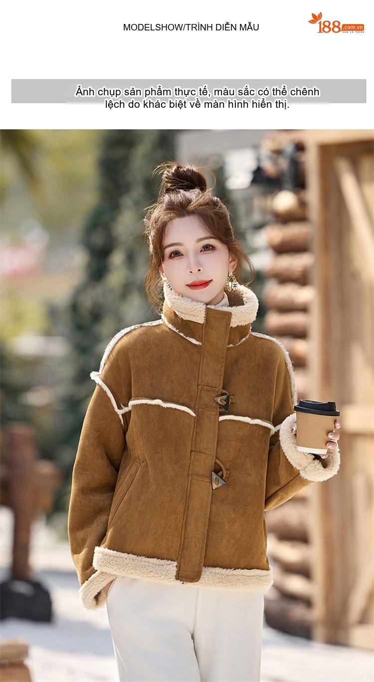 Áo Khoác Lông Nữ Da Lộn Lông Cừu Non Dáng Ngắn Cổ Bẻ Màu Nâu, Đỏ chi tiết 9