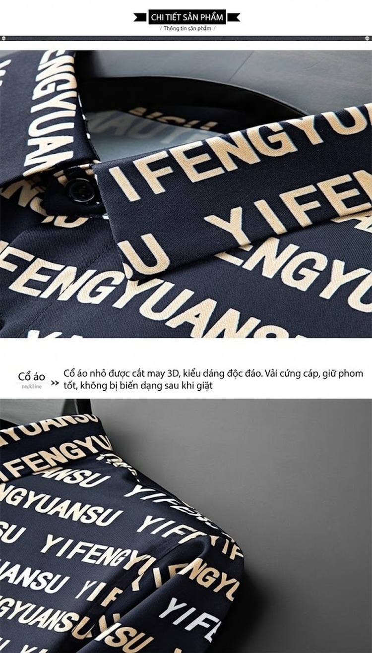 Áo Sơ Mi Tay Dài Nam In Chữ Chống Nhăn Không Cần Ủi Màu Đen, Vàng chi tiết 9