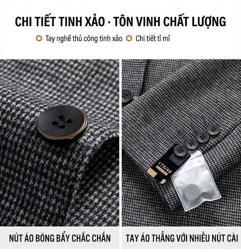 Áo Vest Blazer Nam Họa Tiết Chân Chim Co Giãn Chống Nhăn Dáng Ôm Vừa Vặn Màu Xám chi tiết 12