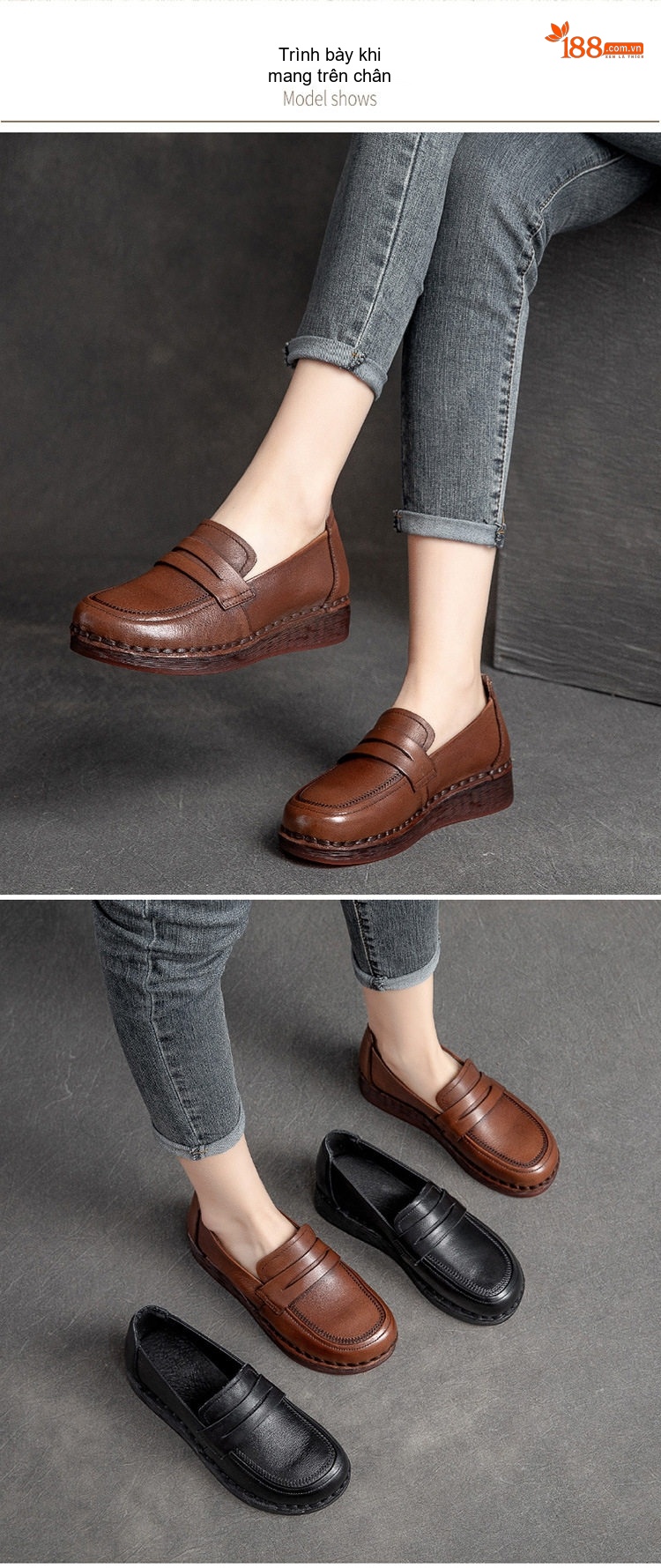Giày Lười Nữ Da Bò Đầu Tròn Đế Xuồng Chiều Cao Đế Khoảng 3cm Màu Nâu, Đen chi tiết 7