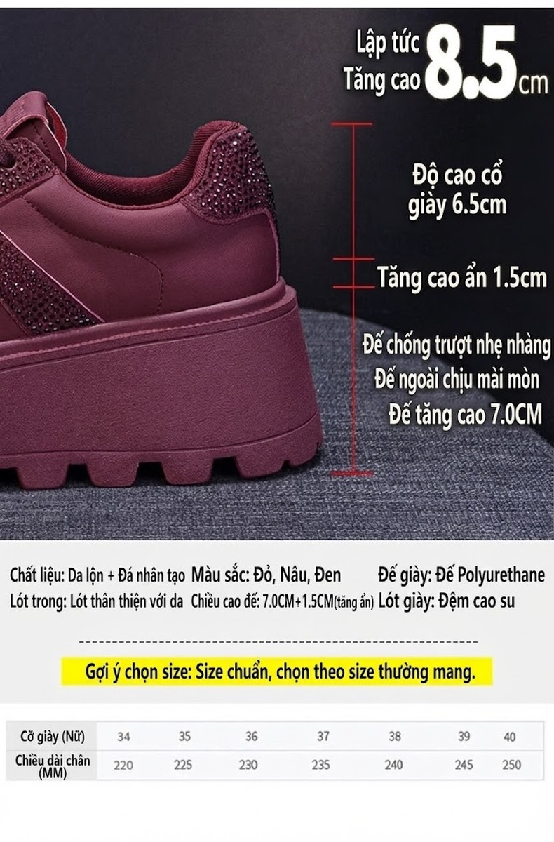Giày Thể Thao Nữ Đế Dày Chiều Cao Đế Khoảng 5cm Da Mờ Đính Đá Màu Đỏ, Nâu, Đen chi tiết 7