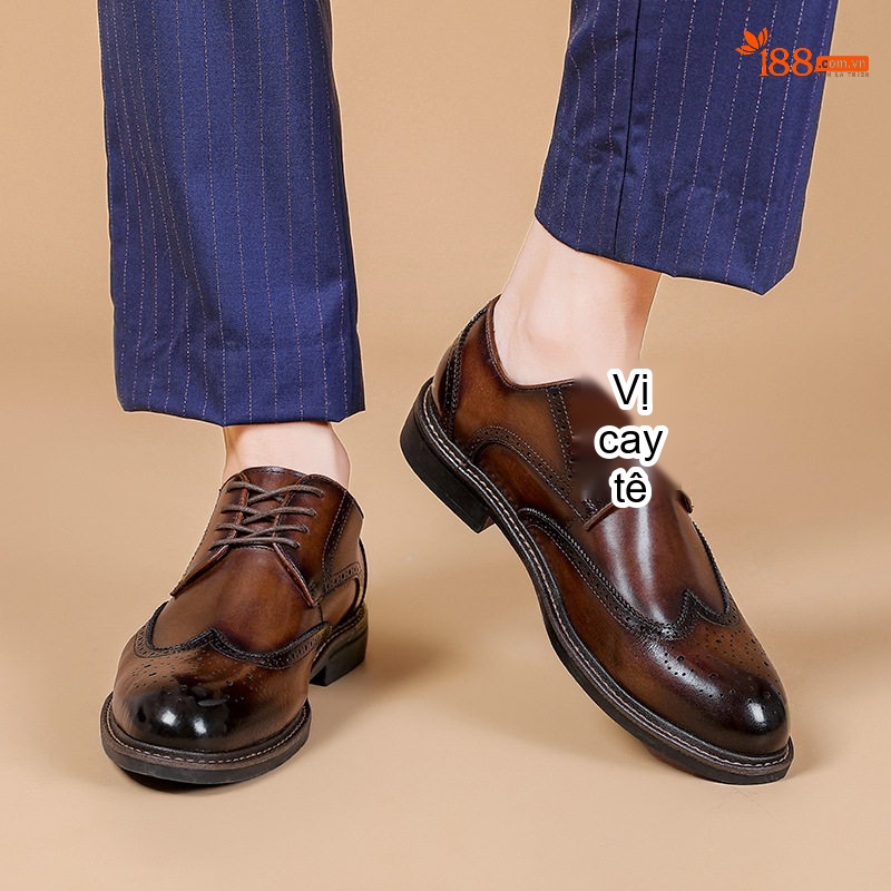 Giày Tây Buộc Dây Nam Da Thật Mũi Brogue Chiều Cao Đế Khoảng 3cm Màu Nâu