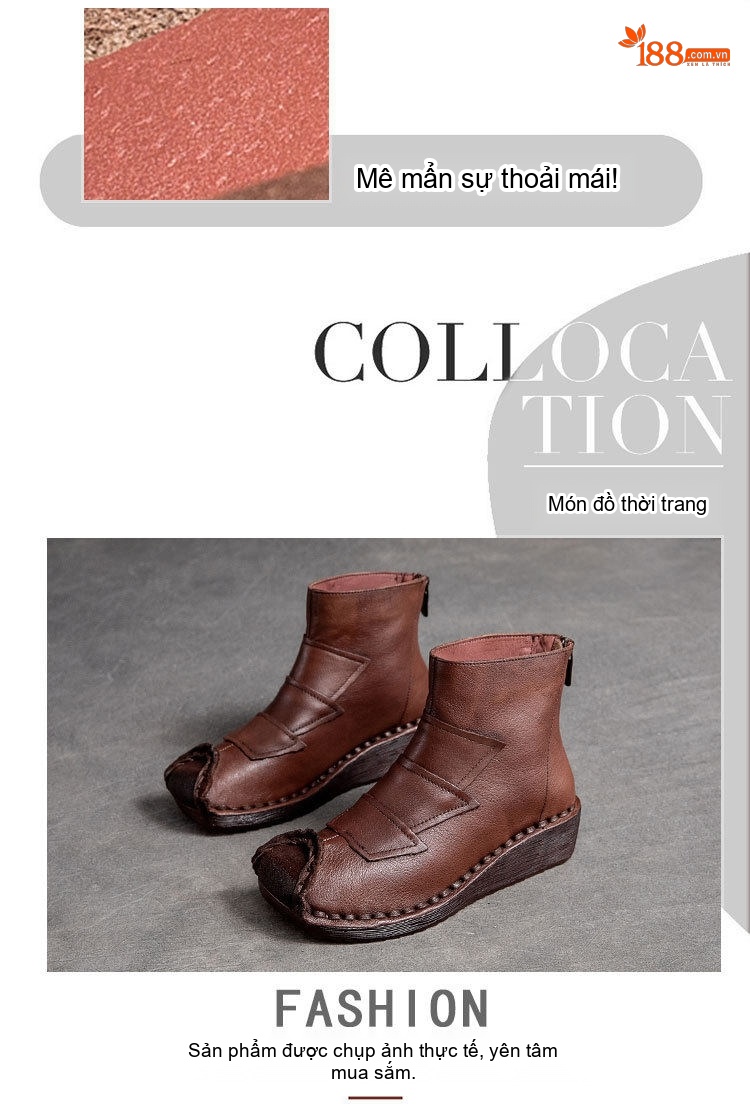 Boot Nữ Da Bò Cổ Cao Đế Xuồng Chiều Cao Đế Khoảng 4cm Màu Đen, Nâu chi tiết 6