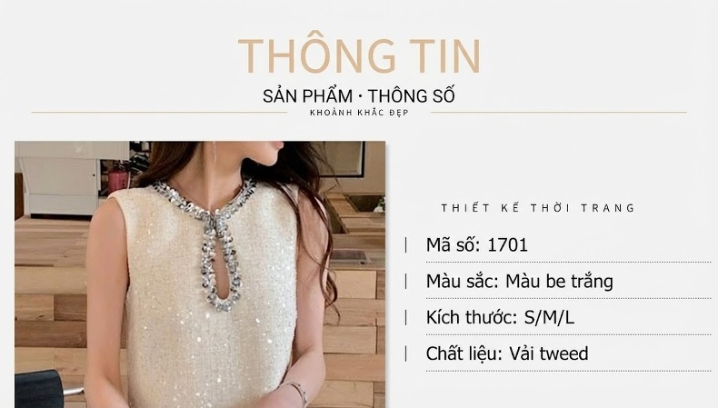 Váy Chữ A Nữ Cổ Tròn Không Tay Đính Lấp Lánh Chất Liệu Thô Màu Trắng Kem chi tiết 1