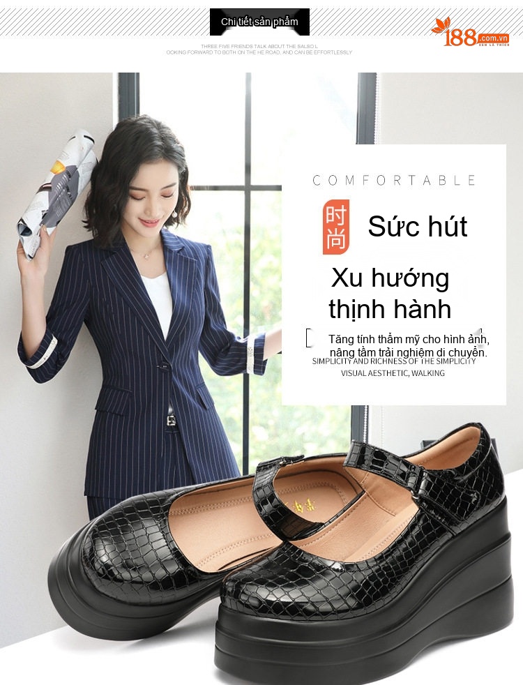 Giày Búp Bê Nữ Da Bóng Quai Ngang Chiều Cao Đế Khoảng 7cm Màu Đen, Trắng, Đỏ chi tiết 4