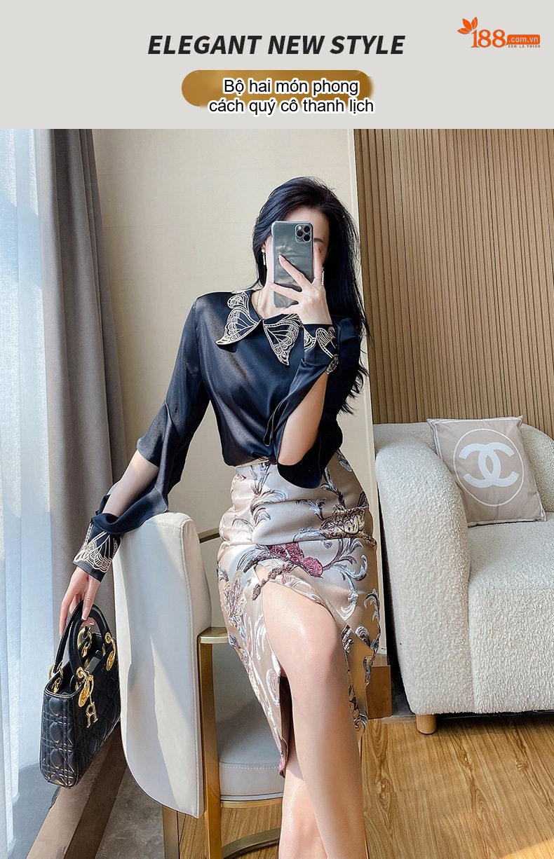 Set Áo Sơ Mi Tay Dài Cổ Nơ và Chân Váy Ôm Satin Cao Cấp Màu Đen, Vàng Be chi tiết 1