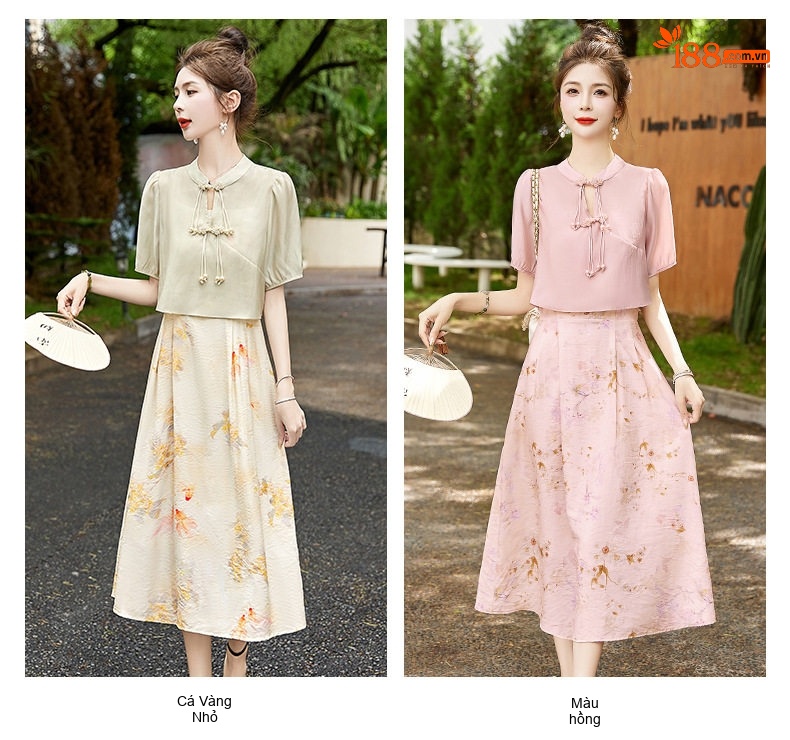 Set Bộ Áo và Chân Váy Nữ Phong Cách Trung Hoa Cách Tân Thanh Lịch Màu Hồng, Be chi tiết 7