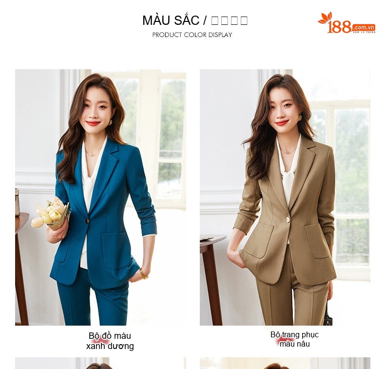 Bộ Vest Nữ Công Sở Thanh Lịch Quần Ống Suông Màu Đen, Xám, Xanh, Nâu chi tiết 6