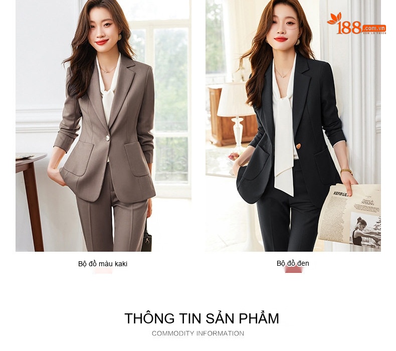 Bộ Vest Nữ Công Sở Thanh Lịch Quần Ống Suông Màu Đen, Xám, Xanh, Nâu chi tiết 7