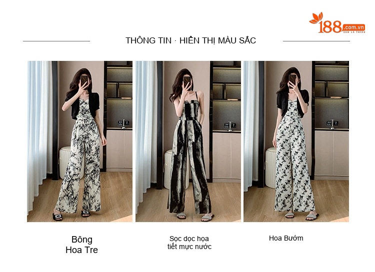 Jumpsuit Nữ Dây Đeo In Họa Tiết Phong Cách Tiểu Thư Quần Ống Rộng Màu Trắng, Đen chi tiết 5