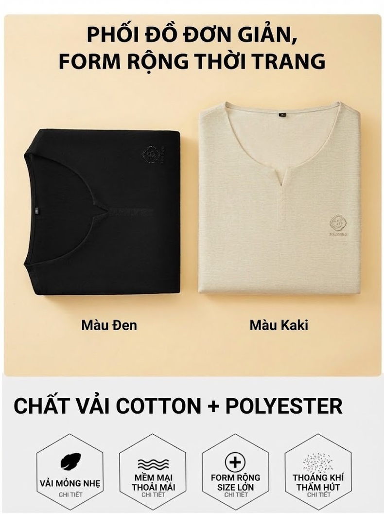 Áo Thun Cổ chữ V Nam Tay Ngắn Phong Cách Trung Hoa Size Lớn Màu Đen, Kem chi tiết 4