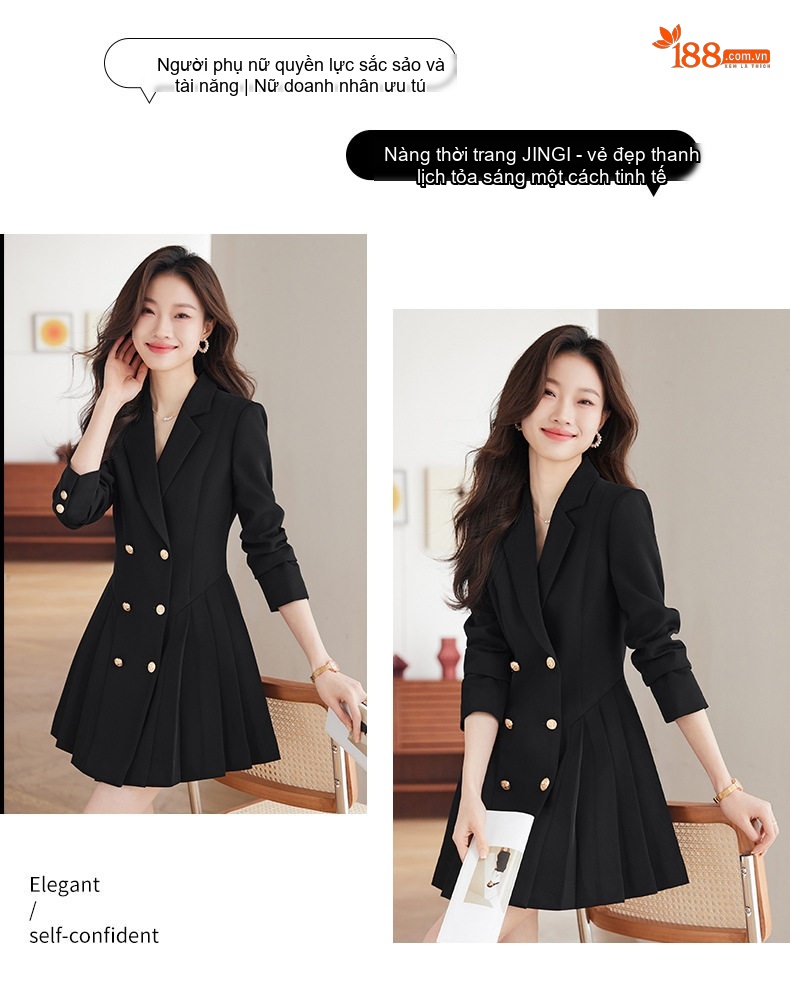 Váy Đầm Công Sở Nữ Dáng Vest Xếp Ly Cao Cấp Màu Đen, Hồng, Kem chi tiết 15