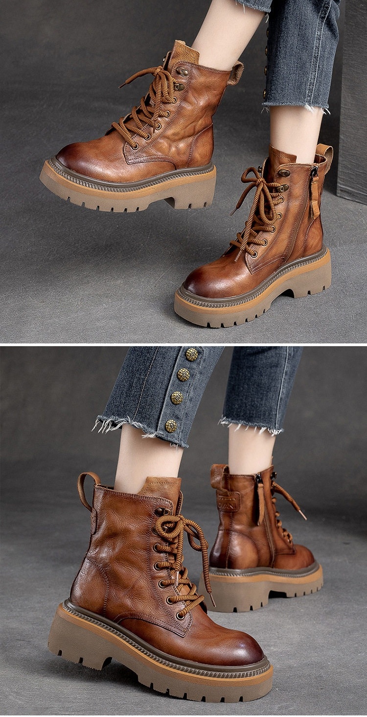 Boot Nữ Cổ Ngắn Đế Dày Làm Cũ Khóa Kéo Bên Hông Chiều Cao Đế Khoảng 5cm Màu Nâu, Đen chi tiết 8