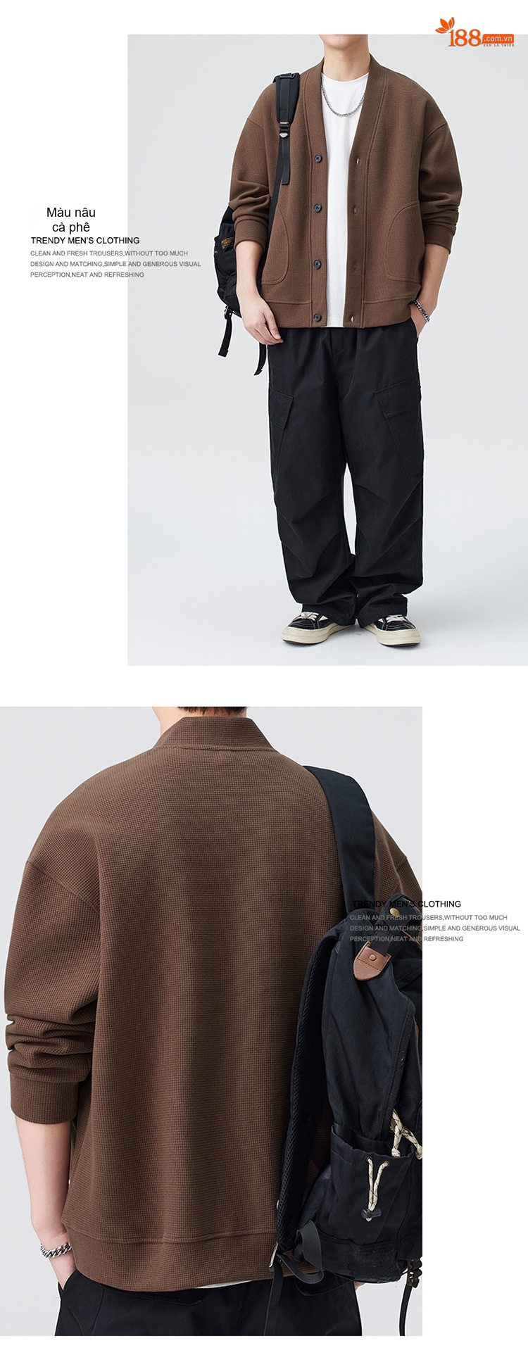 Áo Khoác Cardigan Nam Dáng Rộng Phong Cách Hàn Quốc Màu Xám, Nâu, Xanh Navy chi tiết 8