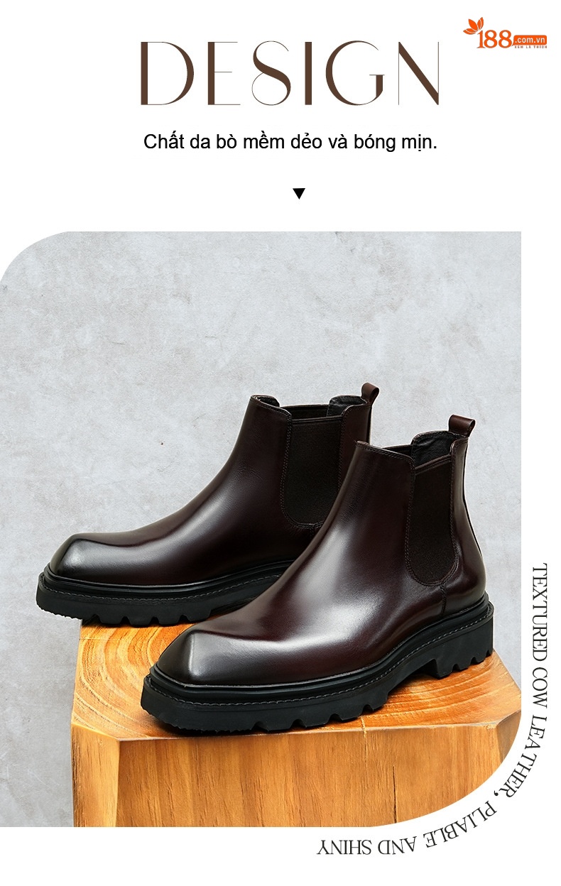 Boot Chelsea Nam Da Bò Cao Cổ Thủ Công Chiều Cao Đế Khoảng 5cm Màu Đen, Nâu Đỏ chi tiết 3