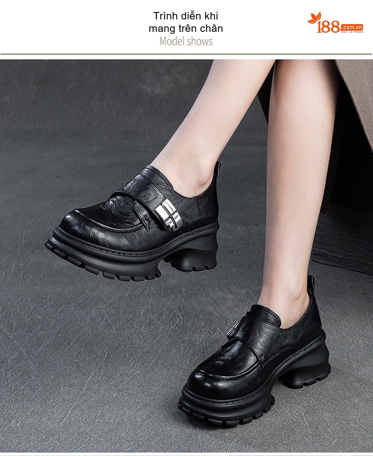 Giày Loafer Nữ Da Mờ Đế Bánh Mì Chiều Cao Đế Khoảng 5cm Màu Đen, Nâu chi tiết 8