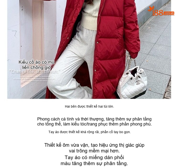 Áo Phao Nữ Dáng Dài Có Mũ Trùm Đầu Form Rộng Dày Dặn Màu Đỏ, Trắng, Đen chi tiết 7