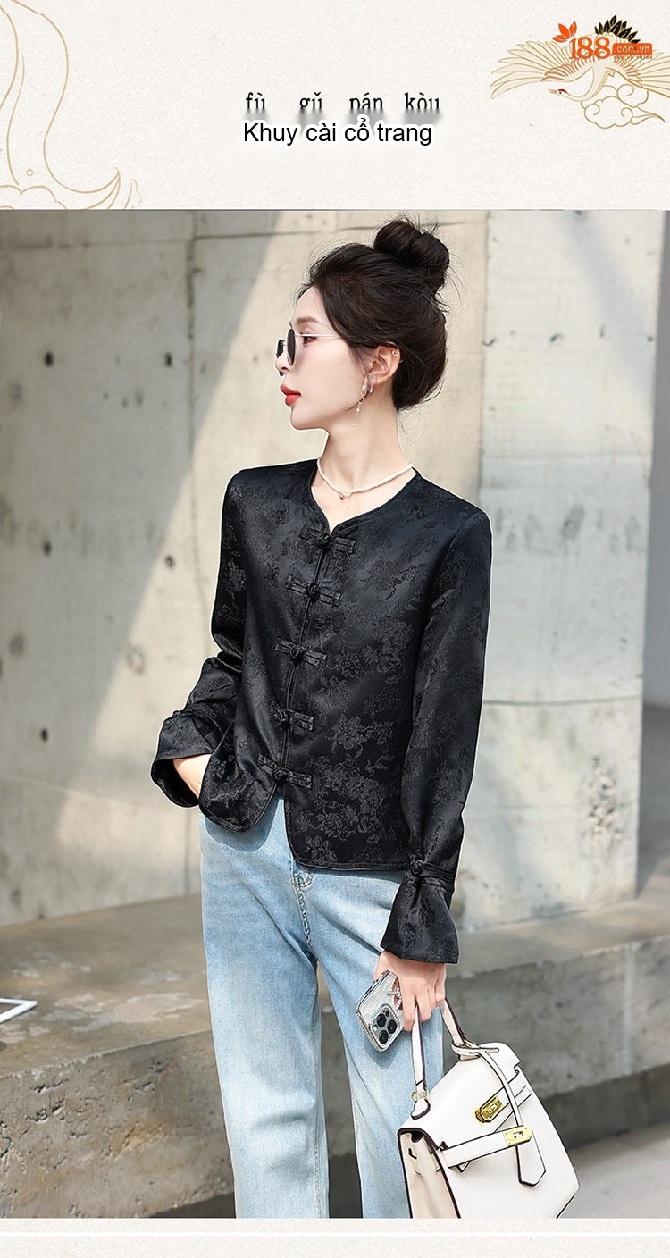 Áo Khoác Lửng Nữ Họa Tiết Jacquard Phong Cách Trung Hoa Cổ Điển Màu Đỏ, Đen chi tiết 5