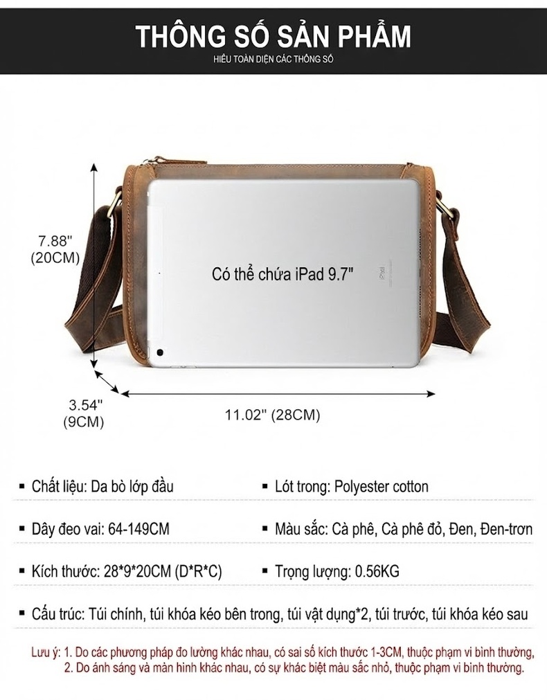 Túi Đeo Vai/Đeo Chéo Nam Da Ngựa Điên Cao Cấp Phong Cách Retro Màu Nâu chi tiết 2