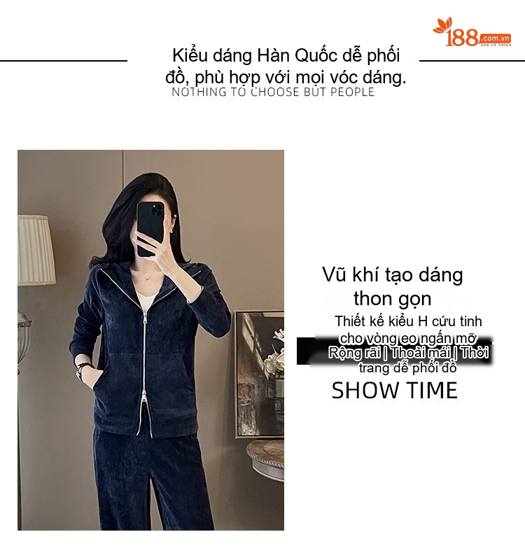 Bộ Đồ Thể Thao Nữ Áo Khoác Nhung Quần Ống Rộng Phong Cách Thời Trang Màu Đỏ Rượu, Xanh Navy chi tiết 1