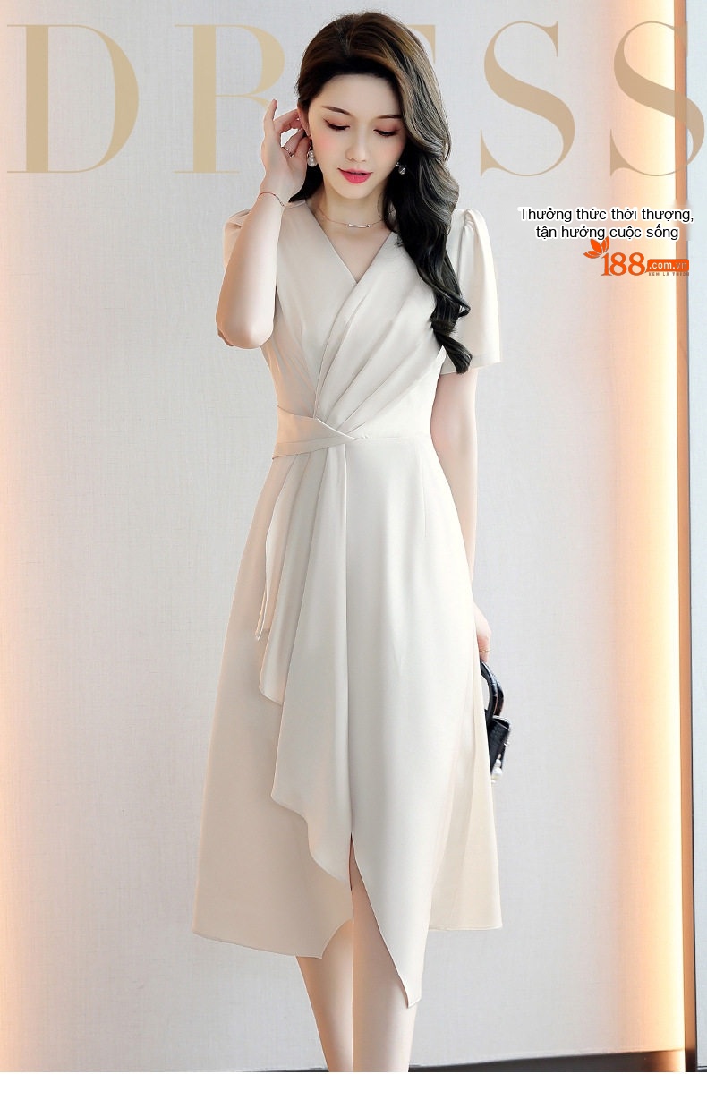 Váy liền thân Nữ Thiết Kế V-Neck Dáng Ôm Thanh Lịch Màu Trắng, Đen, Tím chi tiết 1