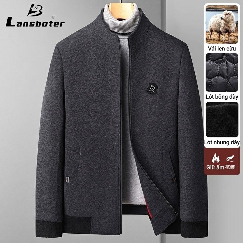 Áo Khoác Nam Cổ Trụ Lót Lông Cừu Mùa Thu Đông Màu Đen, Xanh Navy, Xám