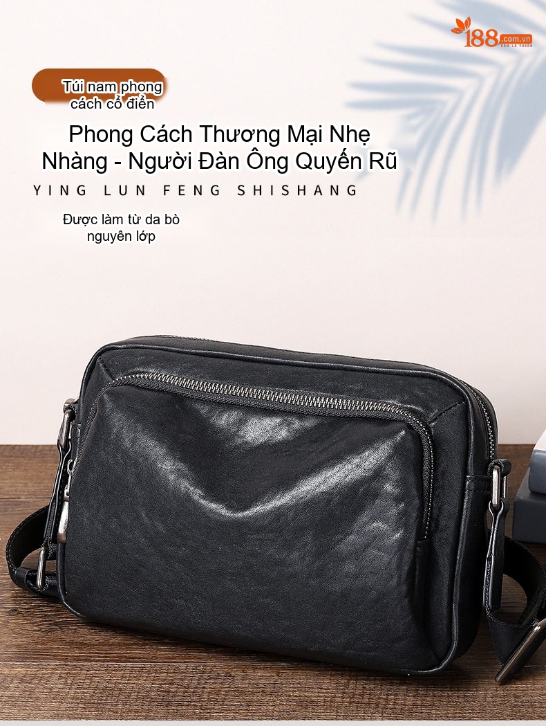 Túi Đeo Vai/Đeo Chéo Nam Da Bò Ngăn Ngang Phong Cách Casual Màu Đen chi tiết 2