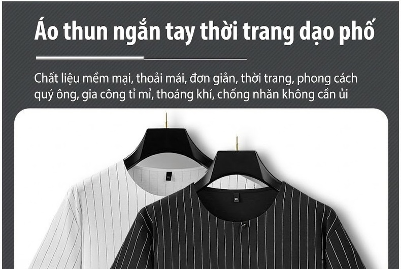 Áo Polo Nam Tay Ngắn Cổ Tròn Họa Tiết Kẻ Sọc Phong Cách Trung Quốc Màu Đen, Trắng, Be chi tiết 20