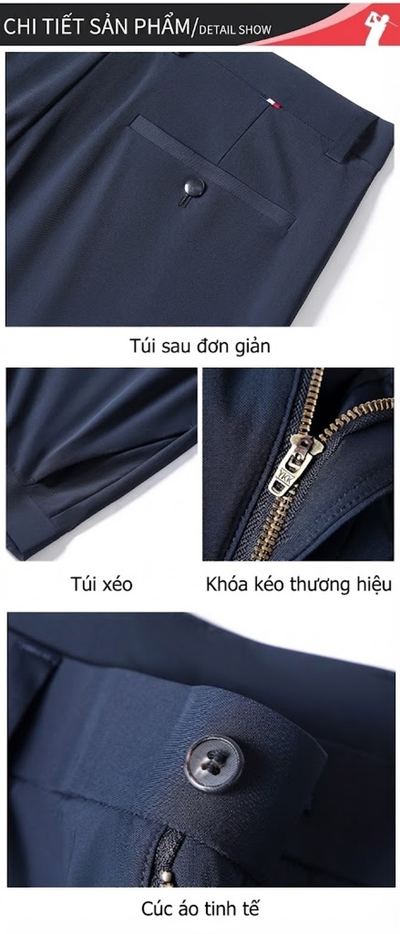 Quần Golf Dài Nam Ống Đứng Mỏng Mát Chống Nhăn Thoáng Khí Màu Xám, Đen chi tiết 8