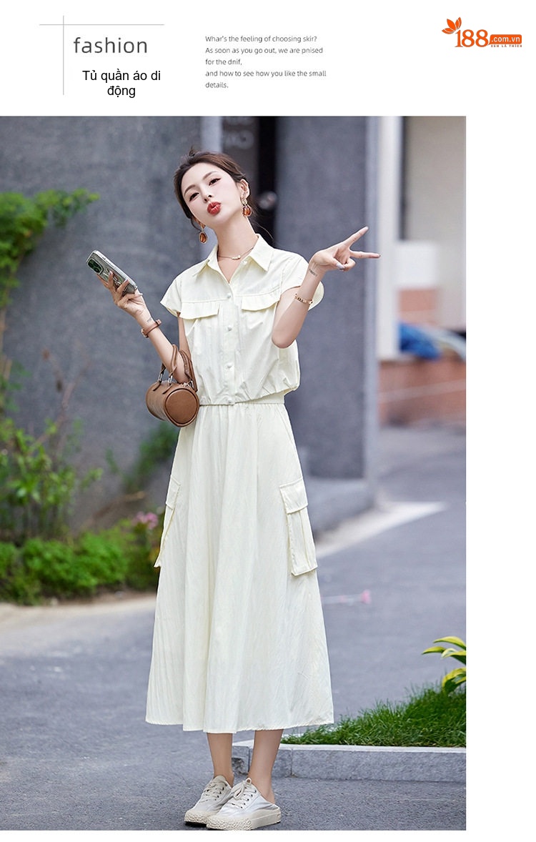 Set Bộ Áo Croptop Tay Ngắn Và Chân Váy Công Sở Dáng Dài Xòe Phong Cách Hàn Quốc Màu Xám, Kem, Xanh Olive chi tiết 20