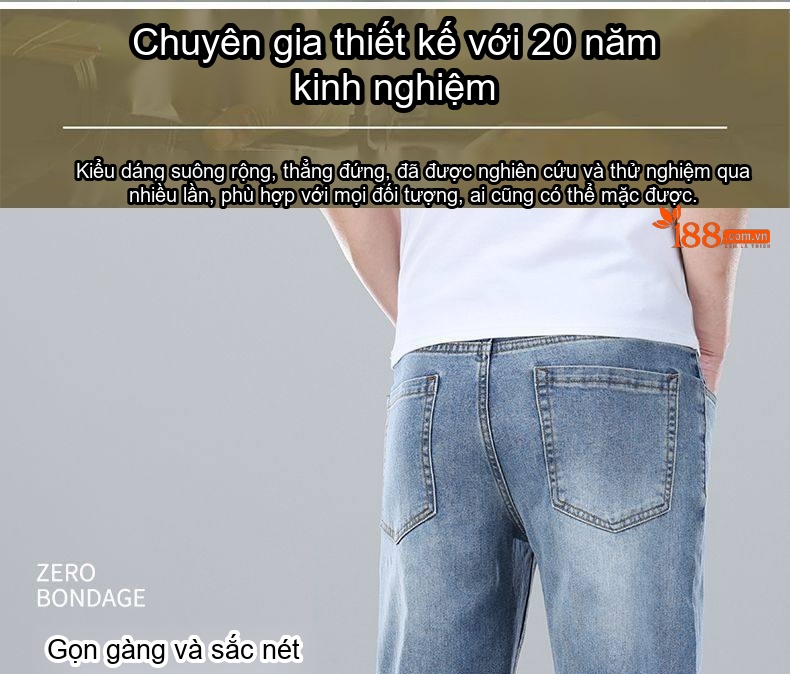 Quần Jean Nam Ống Suông Dáng Rộng Cotton Co Giãn Màu Xanh Nhạt, Xanh Đậm chi tiết 2