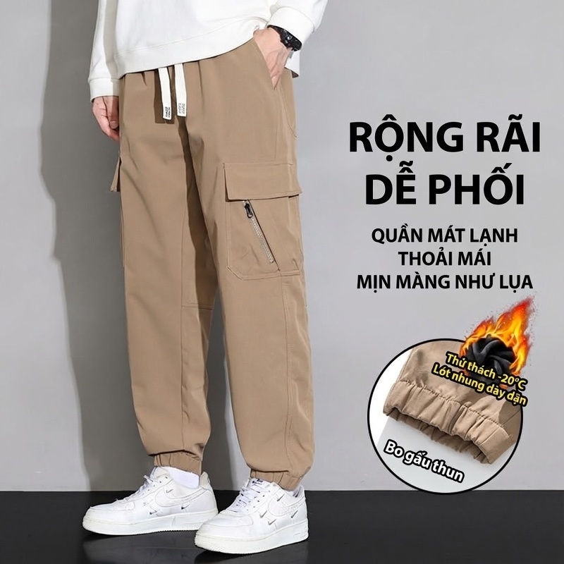 Quần dài nam ống bo gấu lót lông dáng thể thao nhiều túi