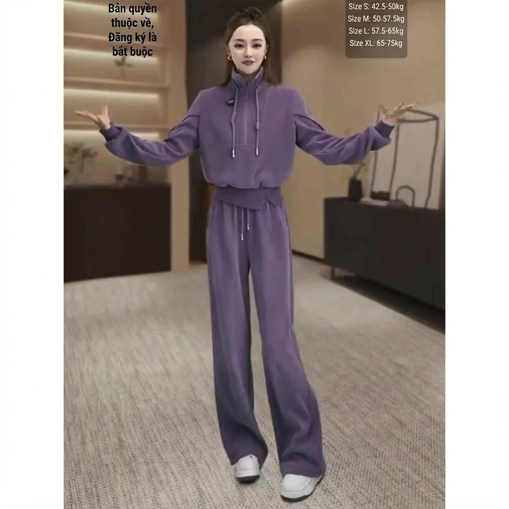 Bộ Đồ Nữ Áo Hoodie Dài Tay Khóa Kéo Lửng Quần Dài Ống Rộng Lót Lông Màu Tím