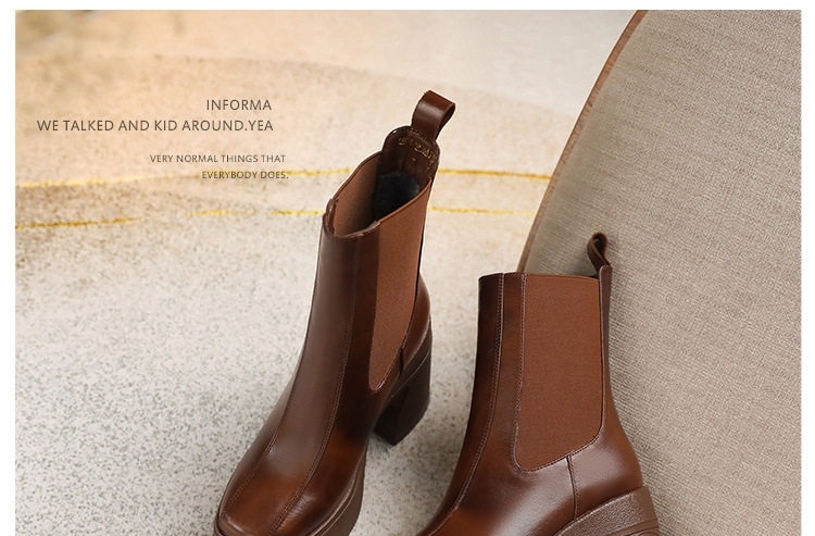 Boot Nữ Da Thật Đế Vuông 10cm Chống Nước Phong Cách Retro Màu Đen, Nâu chi tiết 10