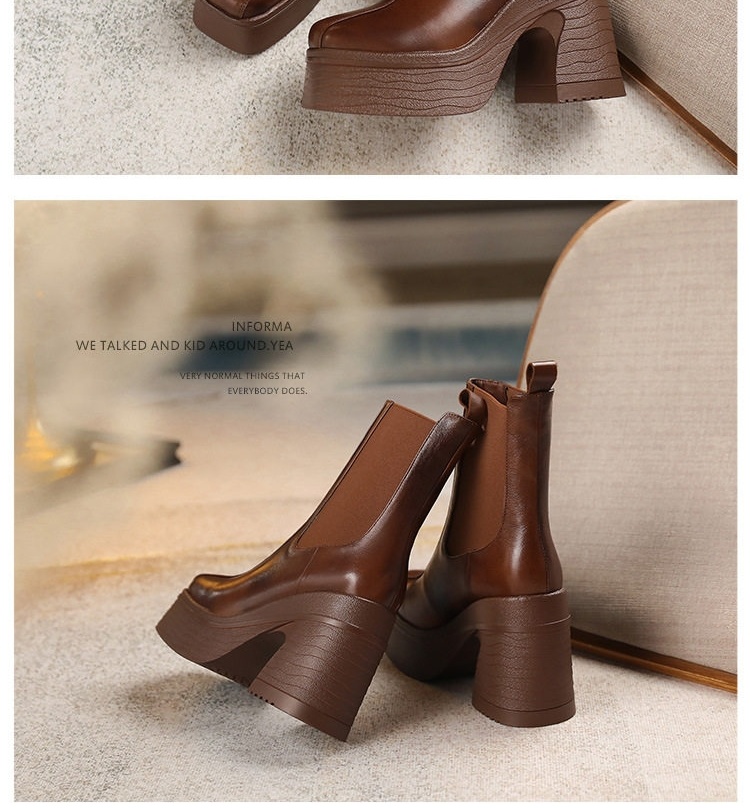 Boot Nữ Da Thật Đế Vuông 10cm Chống Nước Phong Cách Retro Màu Đen, Nâu chi tiết 11