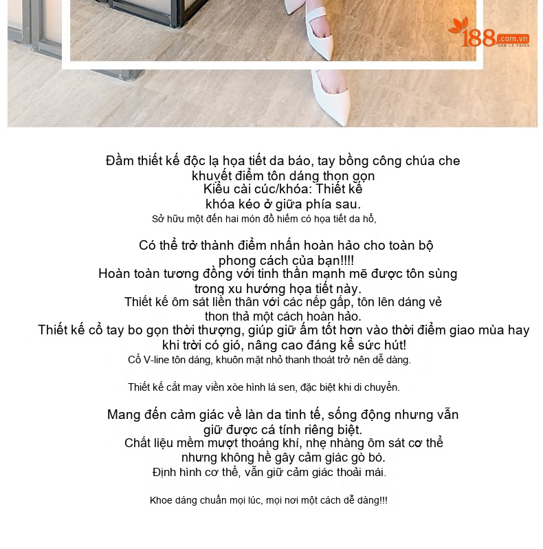 Váy liền thân Nữ Thiết Kế Cổ chữ V In Họa Tiết Da Báo Tay Dài Xếp Ly Bèo Nhún Màu Vàng, Đen chi tiết 2
