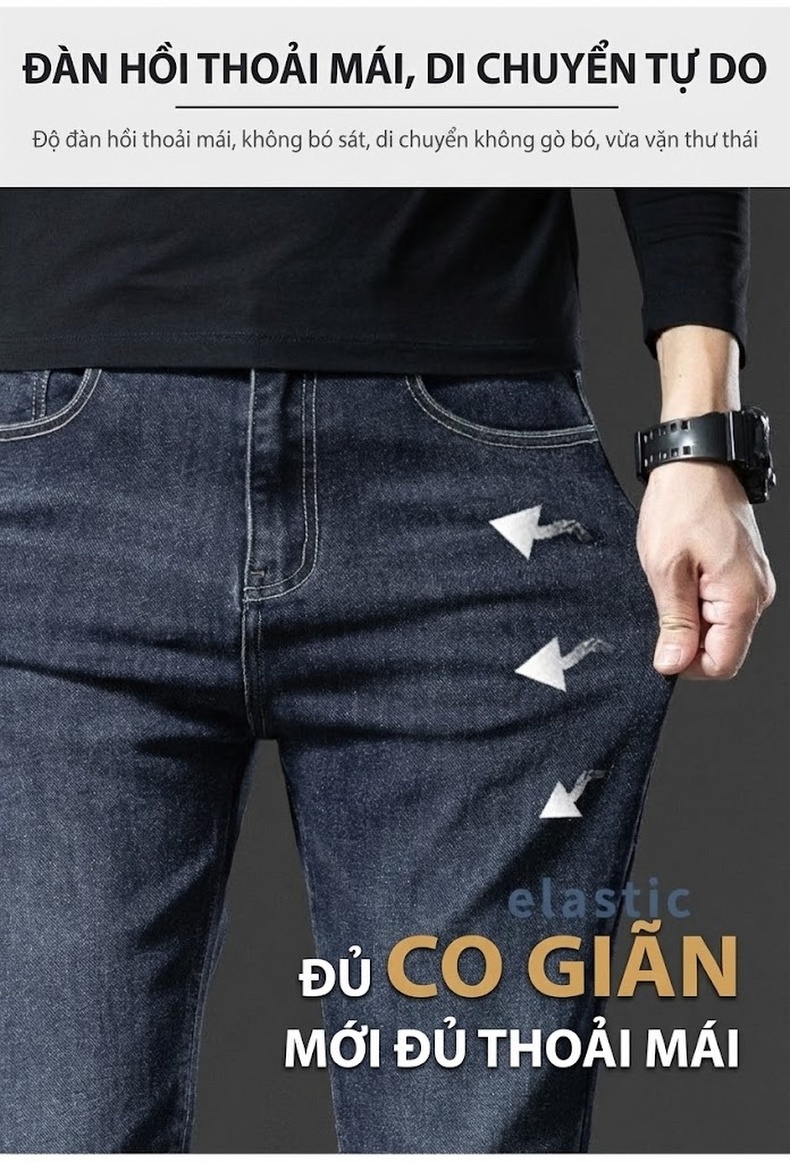 Quần Jean Nam Cotton Co Giãn Thoải Mái Dáng Ôm Vừa Vặn Màu Xanh Xám, Đen Xám chi tiết 10