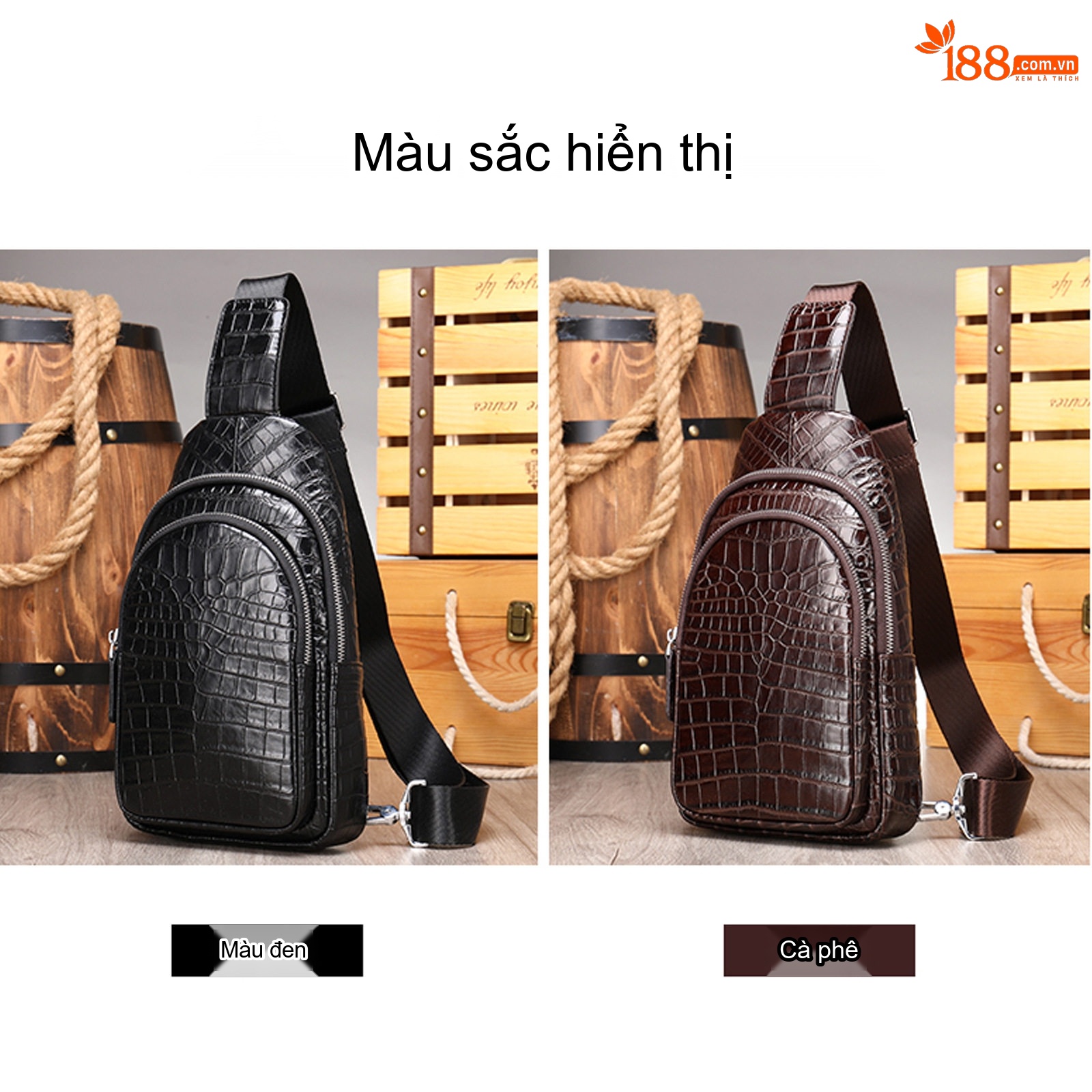 Túi Đeo Ngực Nam Da Bò Vân Cá Sấu Thời Trang Đeo Chéo Vai Màu Đen, Nâu